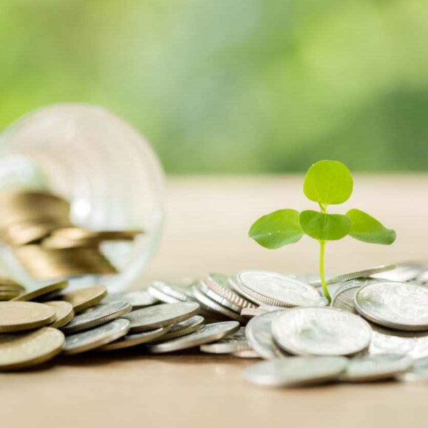 Coin on wooden table in front of green bokeh background. coins a concept of investment and saving moneys.